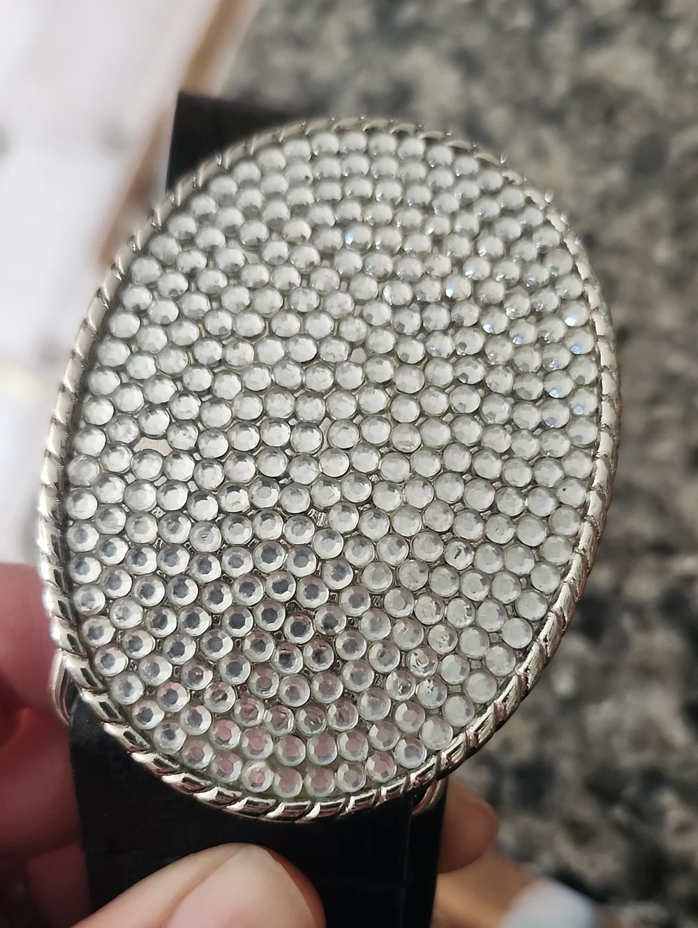 Nine West  Black Leather Belt with Silver Crystal Oval Buckle